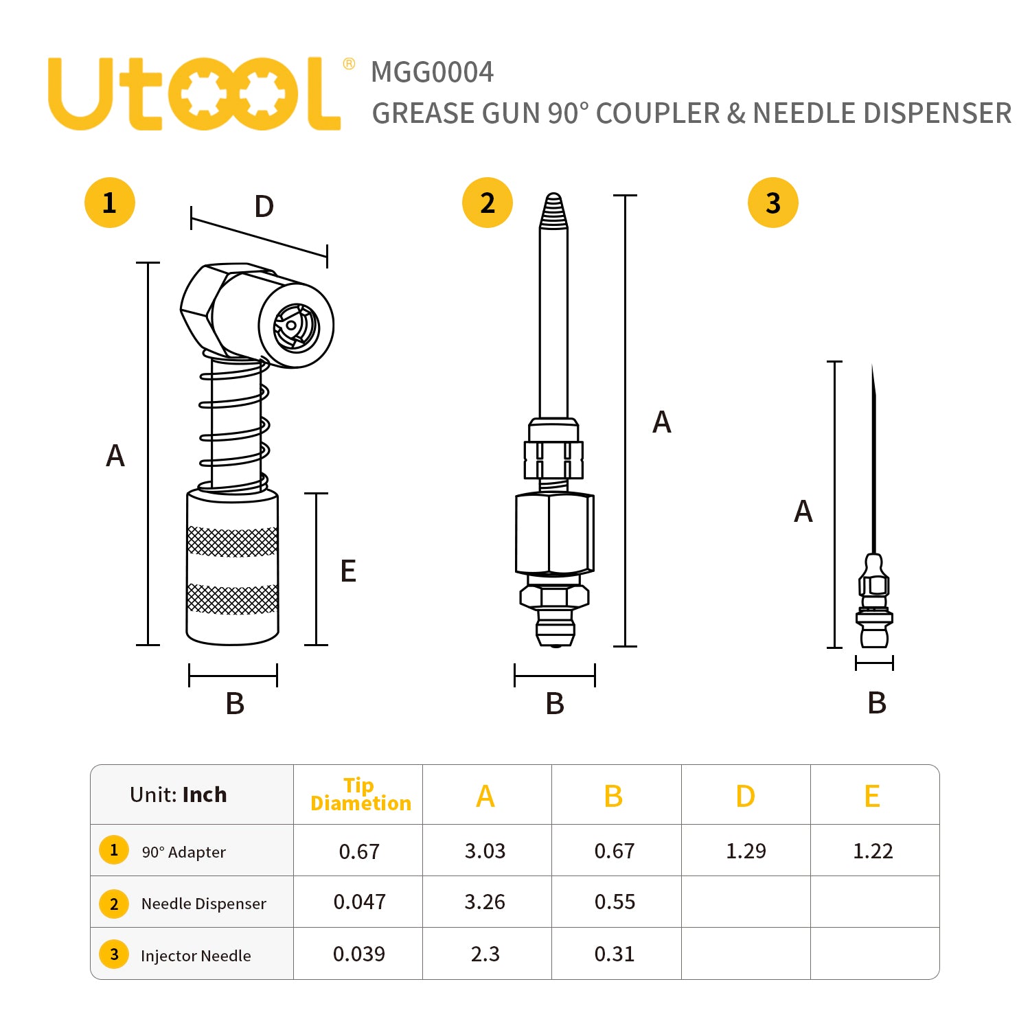 90 Degree Grease Needle Injection Nozzle 3-Piece Set