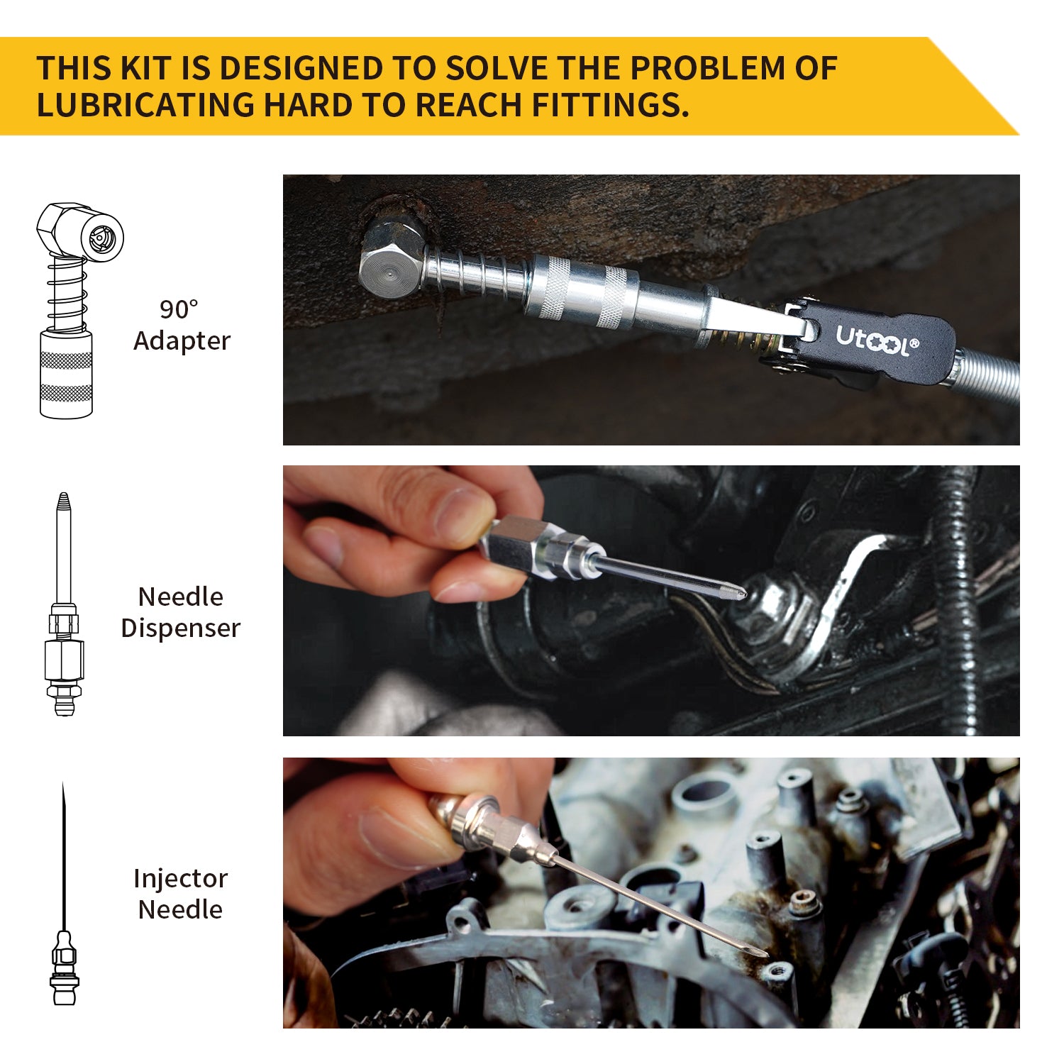 90 Degree Grease Needle Injection Nozzle 3-Piece Set